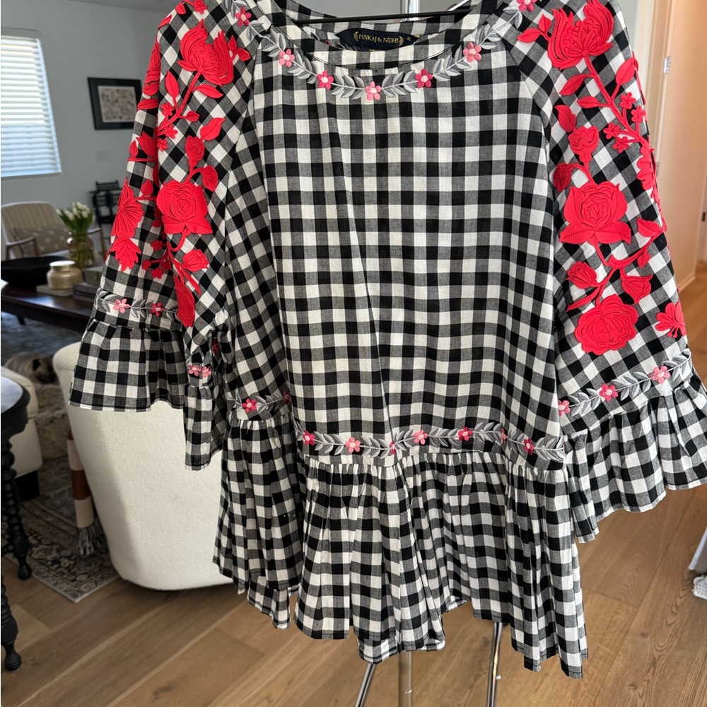 Anthropologie Black and White Gingham Blouse with Red Floral Accents